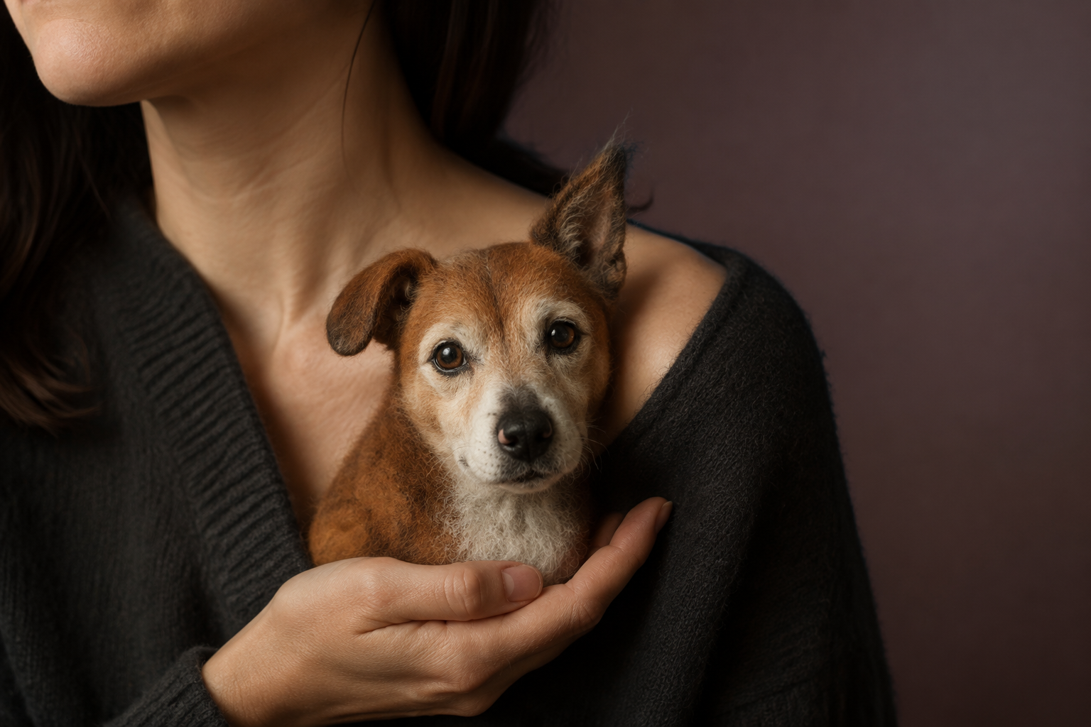 A handcrafted felt dog held close